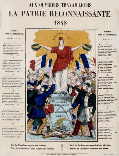 Revolutionen 1848 och födelsen av den andra republiken: manifest och sång med titeln "Till arbetare, det tacksamma hemlandet", Republique hälsas av arbetarna. 1848 Paris, Musée Carnavalet av French School