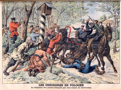 Revolutionär i Polen - Terrorister attackerar en postbuss i Polen. Deorden i Polen. Flitiga inlägg som attackerades av ett gäng terrorister. Illustration för Le petit Journal av French School