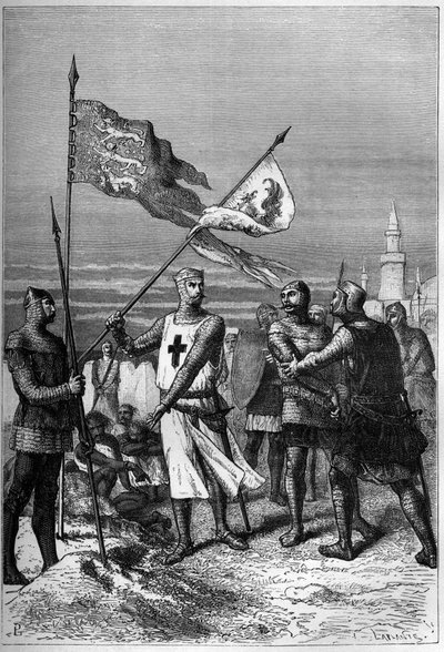Richard Coeur de Lion eller Richard I lejonhjärta (1157-1199) kung av England, visad när han tar bort fanan för ärkehertigen Leopold V, hertigen av Österrike - gravyr i "Englands historia, från de tidigaste tiderna" av Francois Guizot av French School