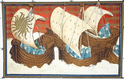 Richard II och hans flotta som landar Milford Haven, faksimilkopia från Le Prinse et Mort du Roy Richart av Jean Creton, omtryckt 1800-talet av French School