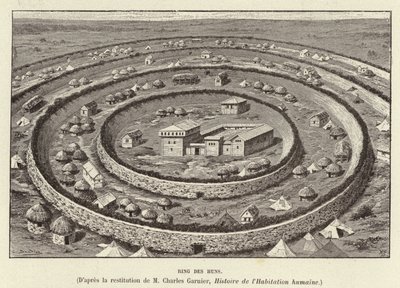 Ring des Huns. Ringformade befästningar som skyddar en bosättning av hunnerna (gravyr) av French School