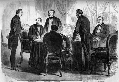 Risorgimento - Zürichfördraget - 10 november 1859: undertecknande av Zürichfördraget av Frankrikes, Österrikes och Sardiniens befullmäktigade. Österrike måste överge Lombardiet till Italien. Gravyr i "" Le Monde Illustré"" nr 136 av 19 november 1859. av French School