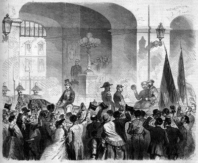 Risorgimento, Neapel, 7 november 1860: Victor Emmanuel II (Victor-Emmanuel) (Vittorio Emanuele) (1820-1878), kung av Italien, tillträde till det kungliga palatset i Neapel efter omröstningen av befolkningen som accepterade Neapels anslutning till Neapel. k av French School