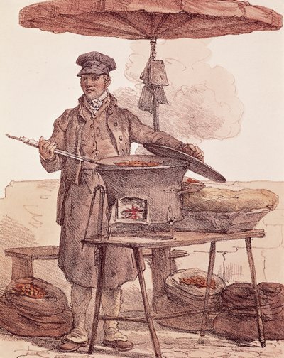 Rostade kastanjer säljare, tryck, Frankrike av French School