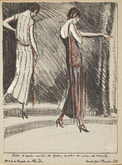 Nachmittagskleid von Beer und Abendkleid von Worth, aus einer Sammlung von Modeplatten von French School