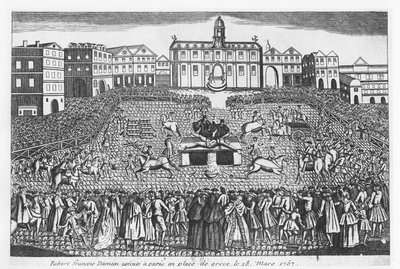 Robert-Francois Damiens avrättad på Place de Grève, Paris, 28 mars 1757 av French School