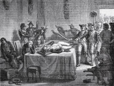 Robespierre väntar på avrättning efter att ha skjutit sig själv i käken 1794 av French School