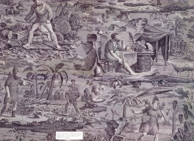 Robinson Crusoe, från en design av F. Pieters, ca 1815-20 (rulltryckt bomull) av French School