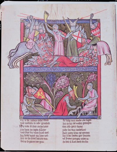 Roland blåser i horn vid Roncevaux, illustration från Le Chanson de Roland, kopia av ett originalmanuskript bevarat i Saint-Gall i Schweiz av French School
