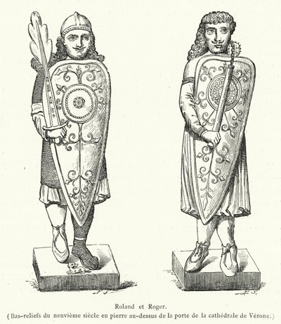 Roland och Roger, basreliefer i sten från 800-talet ovanför dörren till Veronas katedral (gravyr) av French School