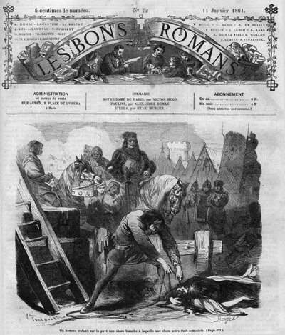 Romersk följetong: "" Notre Dame de Paris"" av Victor Hugo (1802-1885). En man dränerar två kvinnor på stenen. Gravyr i "" Les bons romances"" av French School