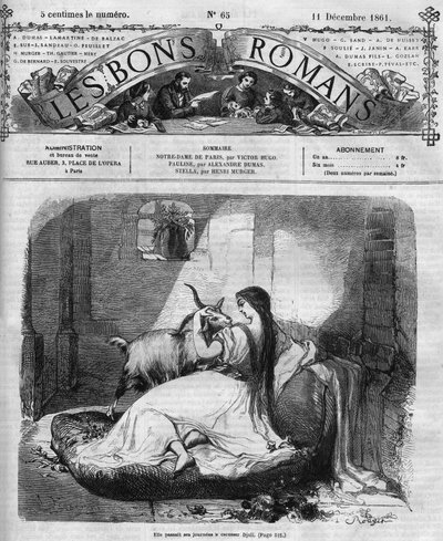 Romersk följetong: "" Notre Dame de Paris"" av Victor Hugo (1802-1885). Esmeralda och geten. Gravyr i "" Les bons romances"" av French School