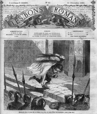 Romersk följetong: "" Notre Dame de Paris"" av Victor Hugo (1802-1885). Quasimodo och Esmeralda. Gravyr i "" Les bons romances"" av French School