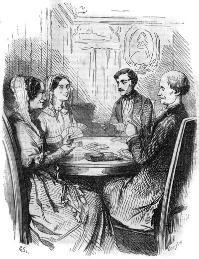 Romersk följetong: "" Greven av Monte Cristo"" (Monte-Cristo) av Alexandre Dumas (1802-1870). Ett kortspel mellan fyra karaktärer. Gravyr i "" Les bons romances"" av French School