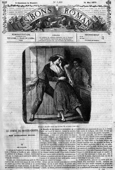 Romersk följetong: "" Greven av Monte Cristo"" (Monte-Cristo) av Alexandre Dumas (1802-1870). Sexscen mellan Edmond Dantes och Mercedes. Gravyr i "" Les bons romances"" av French School