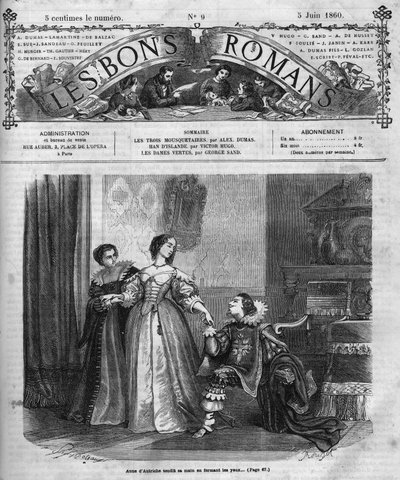 Romersk följetong: "De tre musketörerna" av Alexandre Dumas pere (1802-1870). Anne av Österrike (1601-1666) ger hertigen av Buckingham (Georges Villiers) en låda med hennes diamantillrar. Illustration av kapitel XII. Gravyr i "" Les bons romances av French School