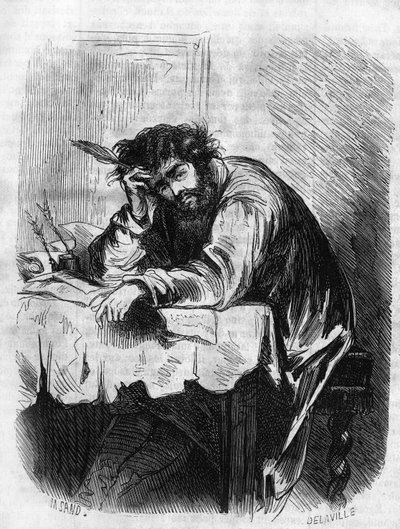 Romersk såpopera: "" Horace"" av George Sand (Aurore Dupin, Baronne Dudevant) (1804-1876). "Horace var engagerad i litterära essäer." Gravyr i "" Les bons romances"" av French School