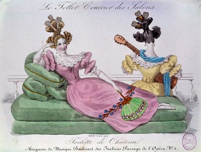 Romantiskt mode: Chateau toalett. Två kvinnor med extravaganta frisyrer på en kanape. Gravyr av 1800-talet. Paris, Musée Carnavalet av French School