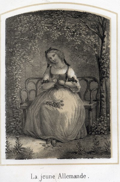 Romantik: en ung tysk kvinna som sitter på en bänk och tar av en tusensköna och tänker på sin älskare. Anonym gravyr från 1800-talet av French School