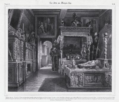 Rum på Hotel de Cluny, Paris, där Mary Tudor tillbringade sin sorgeperiod 1515 efter sin mans, kung Ludvig XII av Frankrikes död (litho) av French School