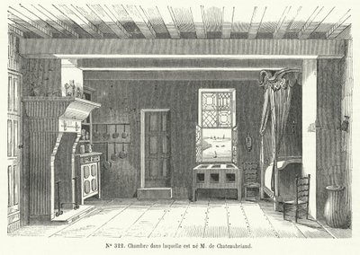 Rum på Hotel de France i St Malo, Bretagne, där den franske författaren och politikern Francois-Rene de Chateaubriand föddes (gravyr) av French School