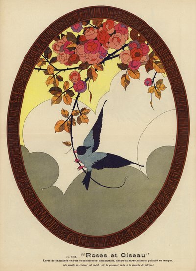 Rosor och fåglar (färglitografi) av French School