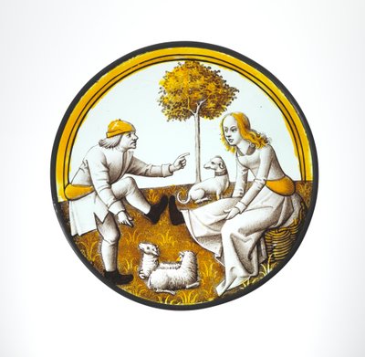 Roundel med par som spelar på Quintain, ca 1500 (glas, glasaktig färg och silverbets) av French School