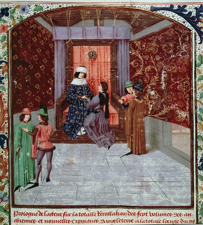 Roy 15 E IV f.14 Edward IV tar emot boken från författaren, från Old Chronicles of England, av Jean Batard de Wavrin, c.1470-80 (vellum) av French School