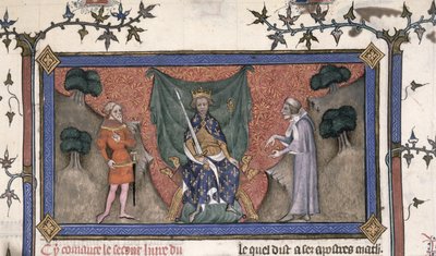 Roy 19 C IV f.154 Kung Karl V (1337-80) av Frankrike tronade med krona, svärd och spira mellan en riddare och en kontorist av French School