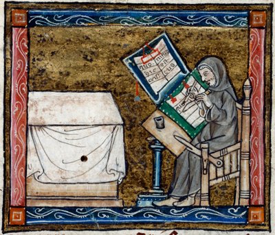 Royal 14 E. III, f.6v Skriftskrivare kopiering från en kopia, illustration från 