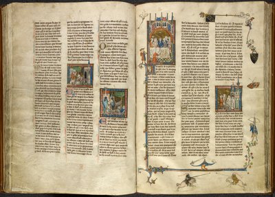 Royal 14 E. III, ff.88v-89 Lancelot tar bort huvudet på sin avhuggna farfar, kungen, ur en kokande brunn; en byggnad som kollapsade på två riddare. Till höger, miniatyr av Arthur och Guinevere vid en bankett, från 
