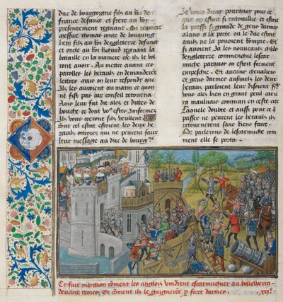 Royal 14 E. IV, f.59v En fångst av en bastion i Troyes, från 