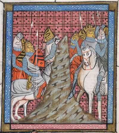 Royal 16 G. VI, f.317v Detalj av en miniatyr av divisionen av en korstågsarmé när de korsade ett berg, illustration från 