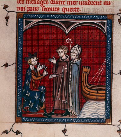 Royal 16 G. VI, f.337 Kung Filip II och patriark, illustration från 