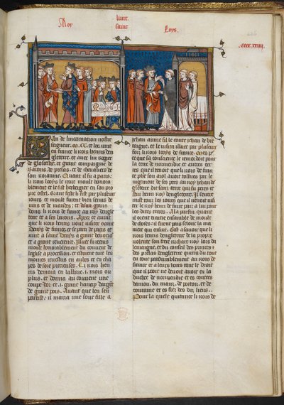 Royal 16 G VI f.426r Miniatyr av Henrik III på besök hos Ludvig IX och Henrik III på St Denis, sida från 