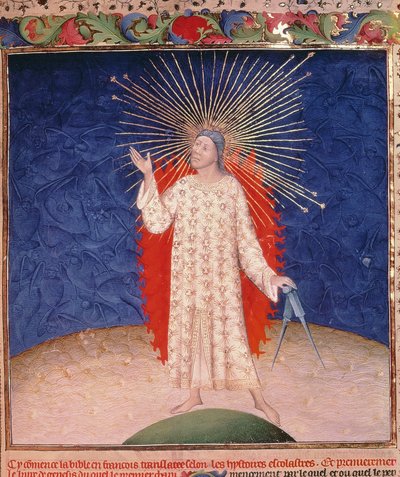 Royal 19 D III, f.3: Gud omgiven av eld med ett par kompasser, från Bibeln Historiale av Guyart des Moulins, c.1411 (vellum) av French School
