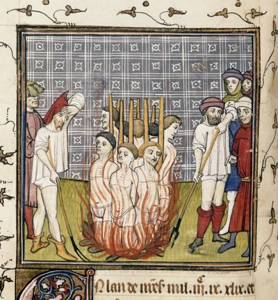 Royal 20 C. VII, f.44v Burning of Templars, illustration från 