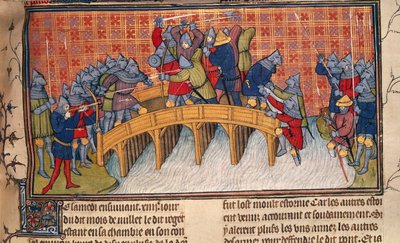 Royal 20 C. VII, fol.137 Slaget på bron över Seine under hundraåriga kriget, från 