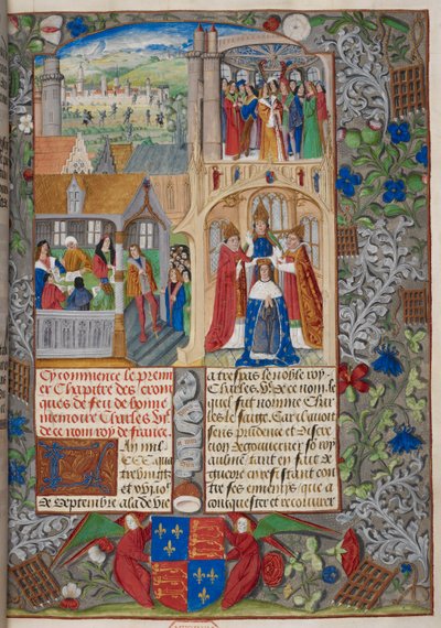 Royal 20 E. V, f.8 Kröning av Karl VII, scener från 
