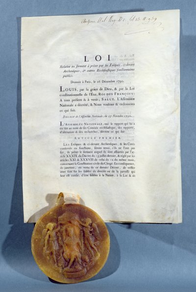 Ludvig XVI:s kungliga dekret som bekräftar skyldigheten för franska biskopar och präster att svära en ed om trohet till prästerskapets civila konstitution, 16 december 1790 (tryckt papper och vaxsigill) av French School