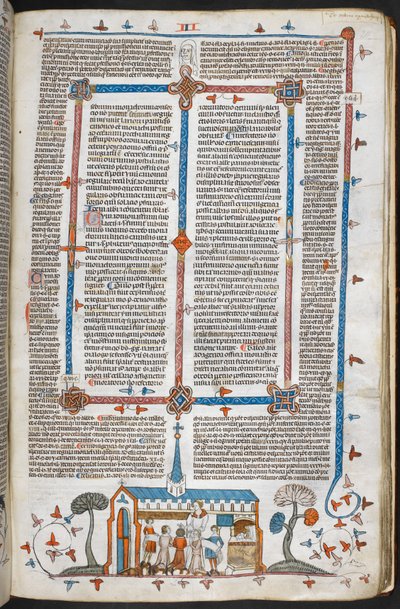 Royal MS 10 E IV f.211r, en bas-de-page scen av kommunikanter vid en mässa, ca 1300-40 (penna & bläck och tempera på pergament) av French School
