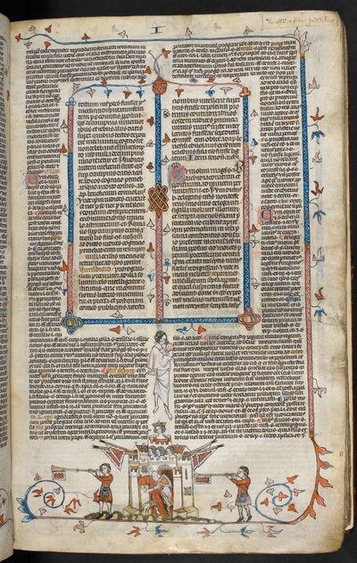 Royal MS 10 E IV f.66r, bas-de-page scen av en riddare som kommer ut från ett slott, ca 1300-40 (penna & bläck och tempera på pergament) av French School