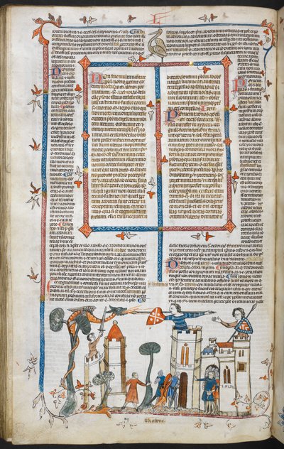 Royal MS 10 E IV f.88v, en bas-de-page-scen av en drake som attackerar ett slott, c.1300-40 (penna & bläck och tempera på pergament) av French School