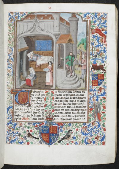 Royal MS 15 D I f.18r Kvinnor som tar hand om en sjuk man, 
