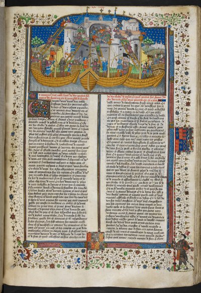 Royal MS 15 E VI, f.207 Miniatyr av fartyg som belägrar Corunna, från "Poems and Romances" eller "Talbot Shrewsbury Book" av French School