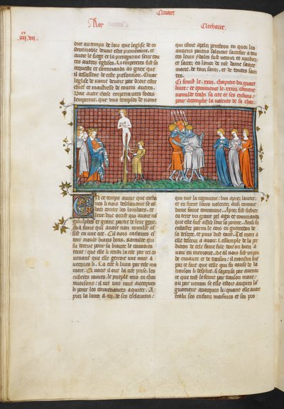 Royal MS 16 G. VI, Romhildas död, Romhildas döttrar räddar sin ära (bok 4, 24), från Les Grandes Chroniques de France av French School