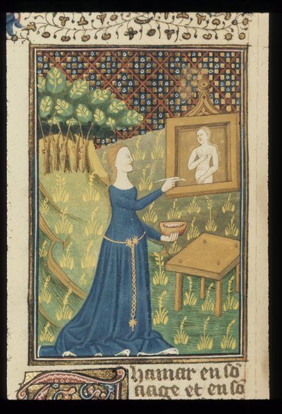 Royal MS 16 G V f.068v Sida från De claris mulieribus i en anonym fransk översättning (Le livre de femmes nobles et renomées) av Giovanni Boccaccio, c.1440 (färg & guld på veläng) av French School