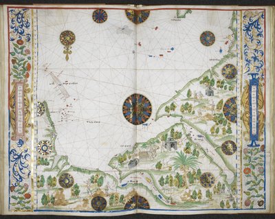 Royal MS 20 E IX f.11v till f.12r Karta över Asiens och Afrikas kuster från Kap Comorin till Kap Delgado, inklusive Persiska viken och Röda havet, från 