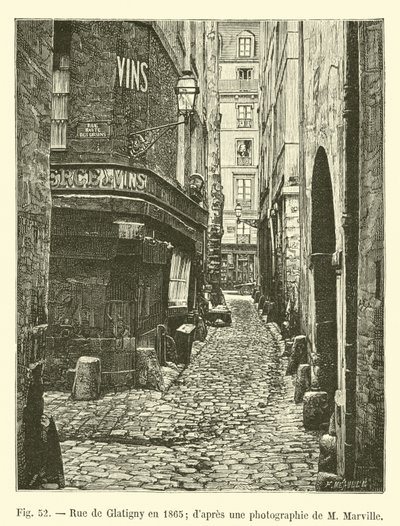Rue de Glatigny 1865; från ett fotografi av M Marville av French School