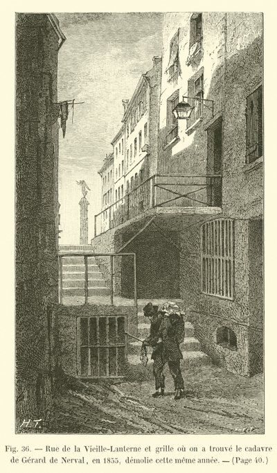 Rue de la Vieille-Lanterne och porten där liket av Gerard de Nerval hittades 1855, revs samma år av French School